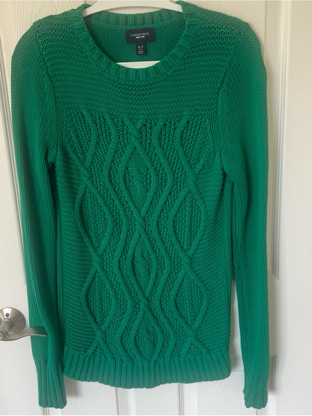 Lands' End Women's Cable-Knit Crewneck Pullover Sweater - Emerald Green